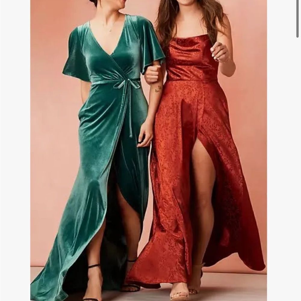 David’s Bridal 
jacquard cowl neck bridesmaid dress Cinnamon